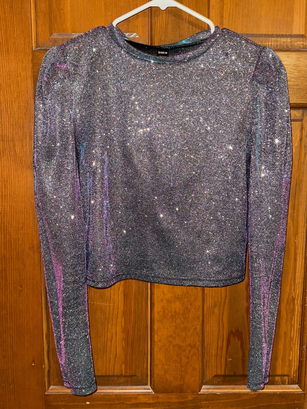 SHEIN Iridescent Sparkle Long Sleeve Top in Purple and Silver